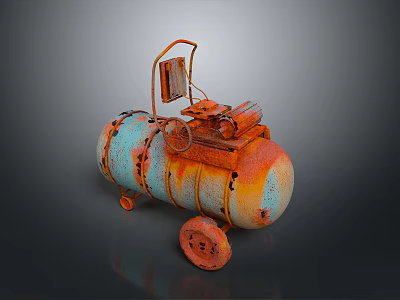 Rusty Vintage Industrial Wheeled Metal Tank With Orange Blue Patina And Handle 3d model