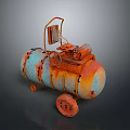 Rusty Vintage Industrial Wheeled Metal Tank With Orange Blue Patina And Handle