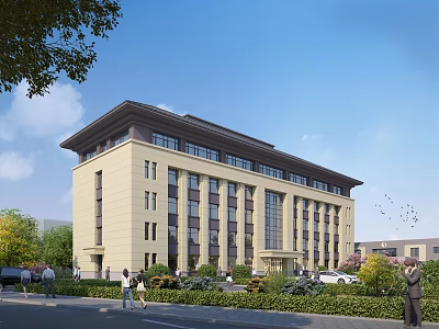 Beige Multi Storey Office Building With Modern Design Surrounding Greenery And Pedestrians 3d model