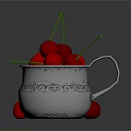 Fresh Ripe Red Cherries in Silver Decorative Container with Scattered Ones