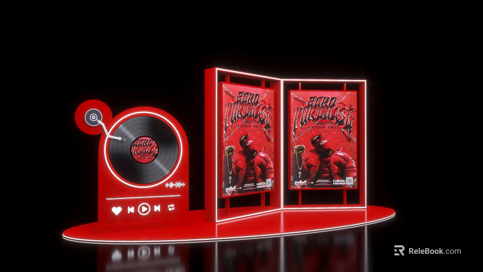 Red Art Installation Featuring Vinyl Record Display Panels FERGIE FLOWERS And MOMS Heart Symbol 3d model 