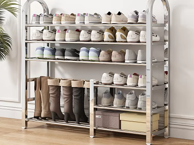 Modern Multi Tier Metal Shoe Rack With Organized Shoes And Storage Boxes 3d model