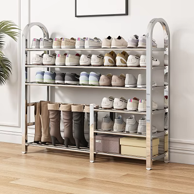 Modern Multi Tier Metal Shoe Rack With Organized Shoes And Storage Boxes 3d model