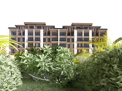 Multi Story Residential Building Surrounded by Lush Greenery and Tropical Plants 3d model
