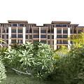 Multi Story Residential Building Surrounded by Lush Greenery and Tropical Plants