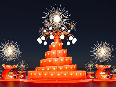 Red Multi tiered Art Installation With Yellow Dots Firework Lights And Lanterns With Fu Characters 3d model