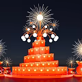 Red Multi tiered Art Installation With Yellow Dots Firework Lights And Lanterns With Fu Characters