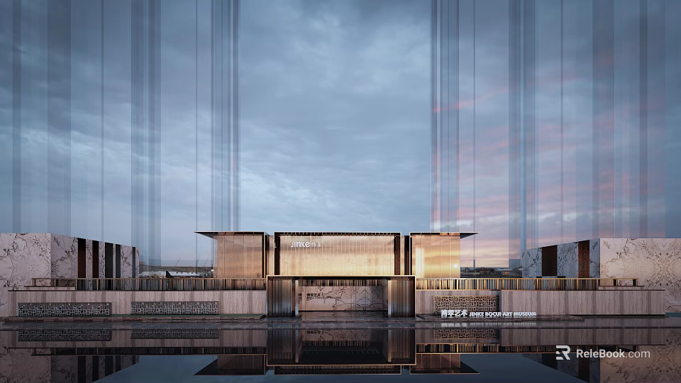 Modern Sales Office Building Exterior Design With Wooden Facade Water Reflection And Evening Sky 3d model 