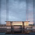 Modern Sales Office Building Exterior Design With Wooden Facade Water Reflection And Evening Sky