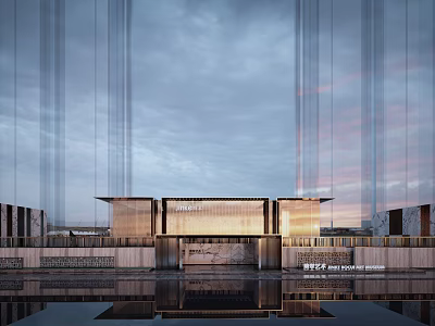 Modern Sales Office Building Exterior Design With Wooden Facade Water Reflection And Evening Sky 3d model