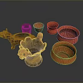 Handcrafted Carved Pottery Sculptures With Animal Shapes Orange Black Bowls And Cups