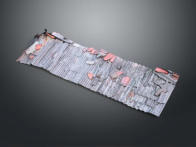 Weathered Corrugated Metal Sheet With Rusted Red Patches And Damaged Texture 3d model