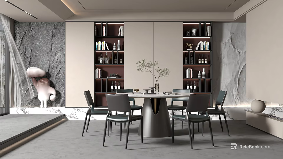 Modern Restaurant Interior With Dining Table Chairs Bookshelf And Marble Wall Design 3d model 