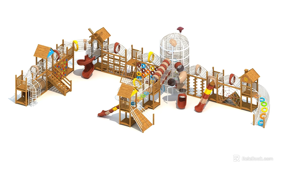 Wooden Playground Equipment With Slide Swing Climbing Net And Small Wooden House 3d model 