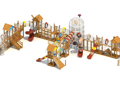Wooden Playground Equipment With Slide Swing Climbing Net And Small Wooden House 3d model