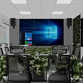 Monitoring Room Interior With Blue White Walls Camouflage Decor Large Screen And Conference Table