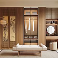 Modern Japanese-style Walk-in Closet Interior With Wooden Glass Door Wardrobe Hanging Clothes Bench And Mirror