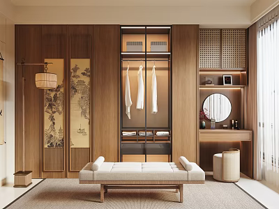 Modern Japanese-style Walk-in Closet Interior With Wooden Glass Door Wardrobe Hanging Clothes Bench And Mirror 3d model