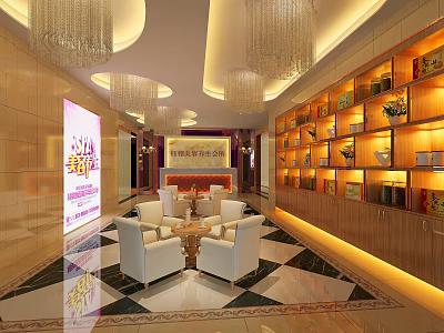 Elegant Store Front Desk With Crystal Chandeliers Display Shelves And Sofa Chairs 3d model