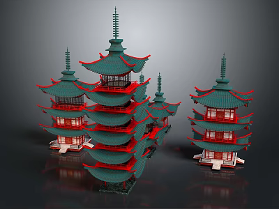 Cartoon Scenery Featuring Multiple Chinese Pagodas With Green Roofs And Red Decorations 3d model