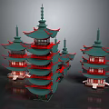 Cartoon Scenery Featuring Multiple Chinese Pagodas With Green Roofs And Red Decorations