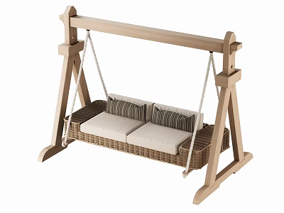 Wooden Frame Hammock Swing Chair with Woven Seat and Two Striped White Cushions 3d model