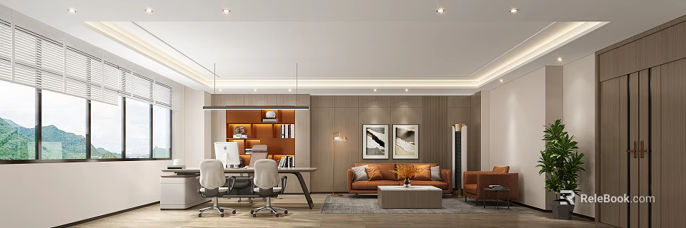 Modern Office Interior Design With Desk Computer Bookshelf Sofa And Decorative Paintings 3d model