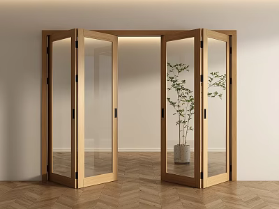 Wooden Frame Glass Panel Folding Doors In Modern Interior With Herringbone Floor 3d model