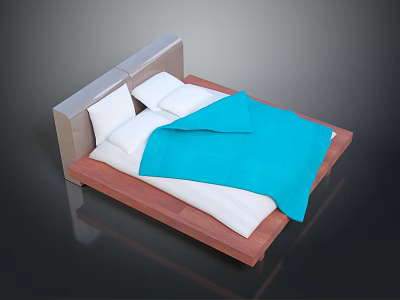 Modern Double Bed With Gray Headboard Wooden Frame White Pillows White Duvet And Blue Blanket 3d model