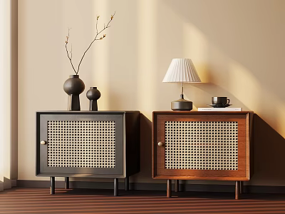 Modern Black and Brown Bedside Tables with Woven Panels Table Lamp Vase Coffee Cup Book 3d model