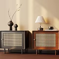 Modern Black and Brown Bedside Tables with Woven Panels Table Lamp Vase Coffee Cup Book