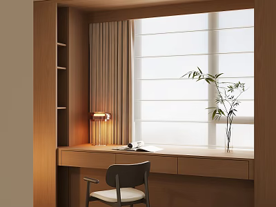 Cozy Modern Bay Window Cabinet With Wooden Desk Chair Lamp And Green Plant 3d model