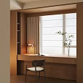 Cozy Modern Bay Window Cabinet With Wooden Desk Chair Lamp And Green Plant