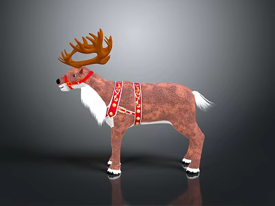 Standing Reindeer With Large Brown Antlers Red Harness White Chest And Tail Fur 3d model