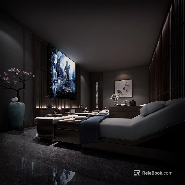 Traditional SPA Sauna Interior With Wooden Elements Massage Bed And Decorative Art 3d model 