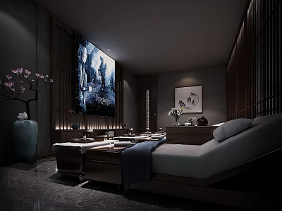 Traditional SPA Sauna Interior With Wooden Elements Massage Bed And Decorative Art 3d model