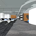 Modern Public Office Interior With Open Layout Desks Computers White Chairs Gray Carpet Ceiling Lights 3d model