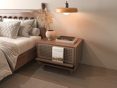 Cozy Bedroom Wooden Bedside Table with Woven Design Vase Dried Flowers and Books 3d model