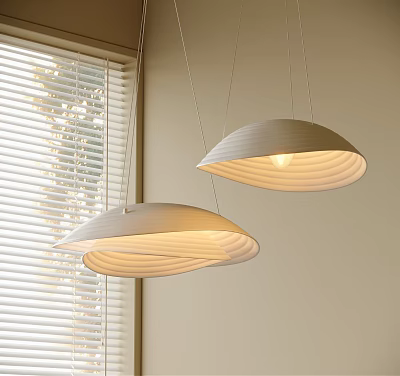 Modern Wave Striped Design Chandeliers Hanging In Interior With Window Blinds 3d model