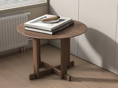 Modern Round Wooden Side Table With Stack Of Books And Plate On Top 3d model