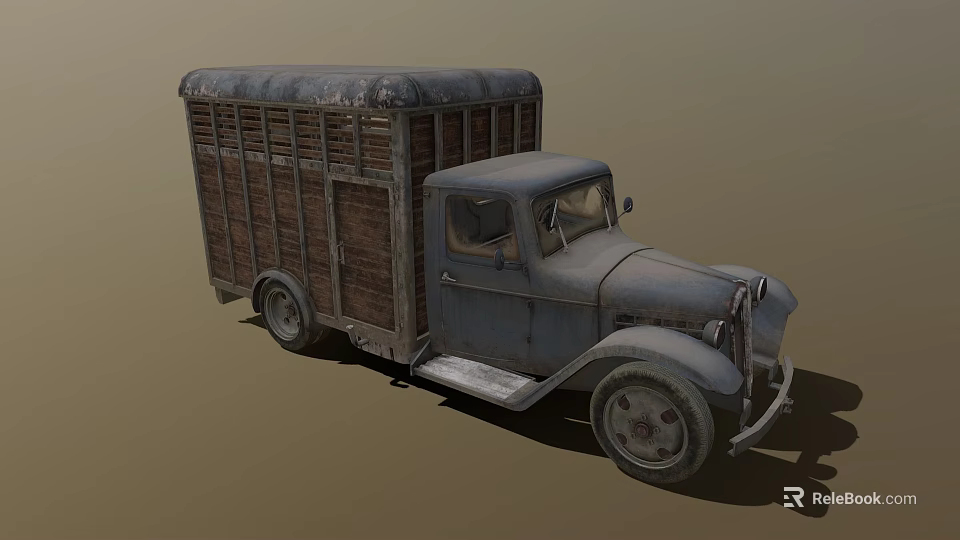 Vintage Old Truck With Wooden Cargo Bed And Farmer Leading Cow Nearby 3d model 