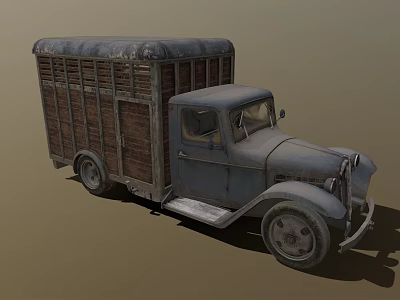 Vintage Old Truck With Wooden Cargo Bed And Farmer Leading Cow Nearby 3d model