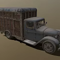 Vintage Old Truck With Wooden Cargo Bed And Farmer Leading Cow Nearby