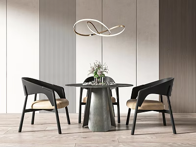 Modern Round Dining Table Set With Four Black Frame Beige Chairs Vase And Striped Wall 3d model