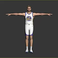 Man Standing In White Basketball Jersey With Blue Yellow Logo Arms Outstretched Gray Background