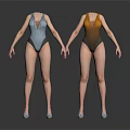 Two Gray And Brown Gradient One Piece Swimsuits On Mannequins With High Heels