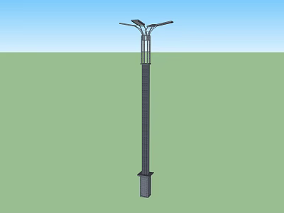 Outdoor Street Light With Tall Pole Top Light Heads And Base On Green Field 3d model