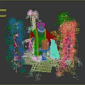 Game Movie Characters on Stone Pillar Platform with Green Vines Red Flowers