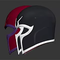 Three Metallic Helmets In Crimson Red And Black With Ornate Designs