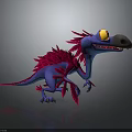 Blue Mythical Creature Character With Red Feathers Large Yellow Eyes And Black Snout